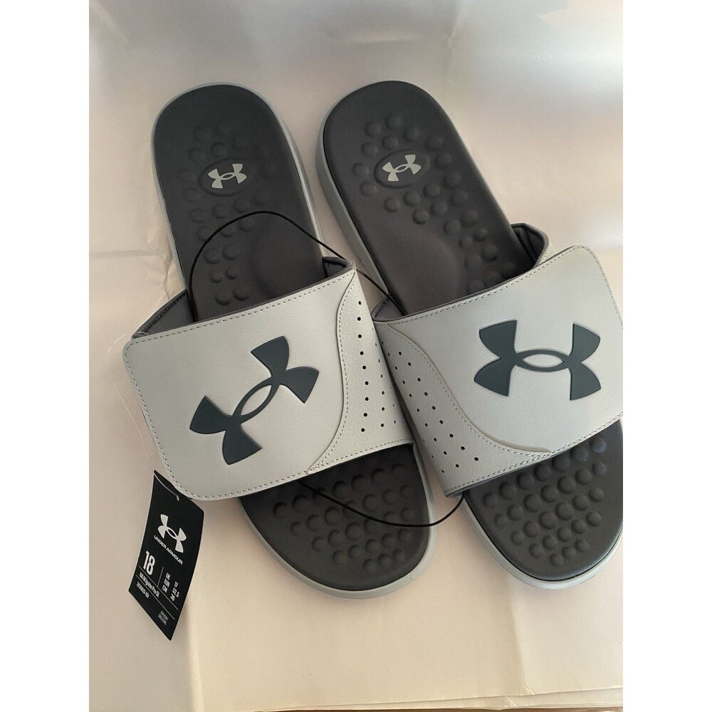 Under Armour Ignite Pro SL Slides Gray White Mens size 18 Sandal NEW NWT UK 17